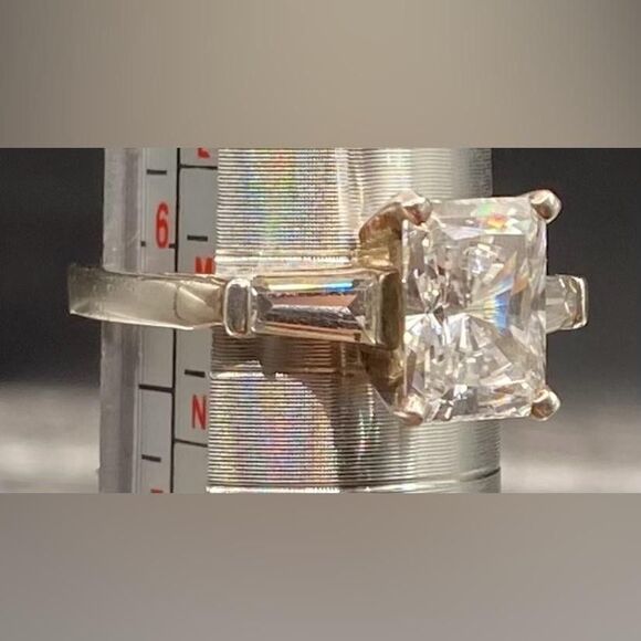 Sterling Silver 925 Radiant Cut Stone Engagement Ring Baguette Sides Size 6.25 - Picture 2 of 5